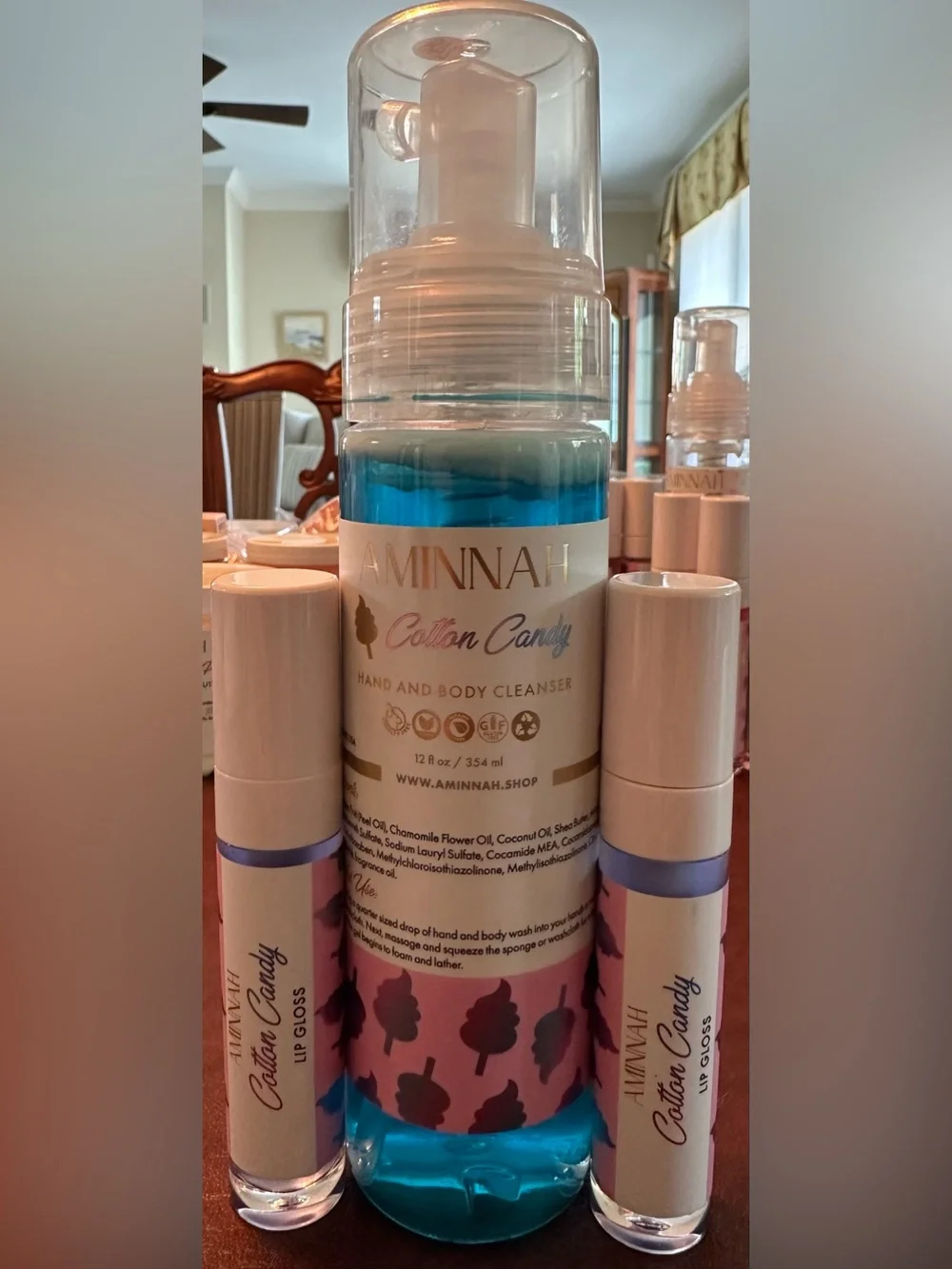 AMINNAH “Cotton Candy” Hand & Body Cleanser and 2 Lip Glosses NEW